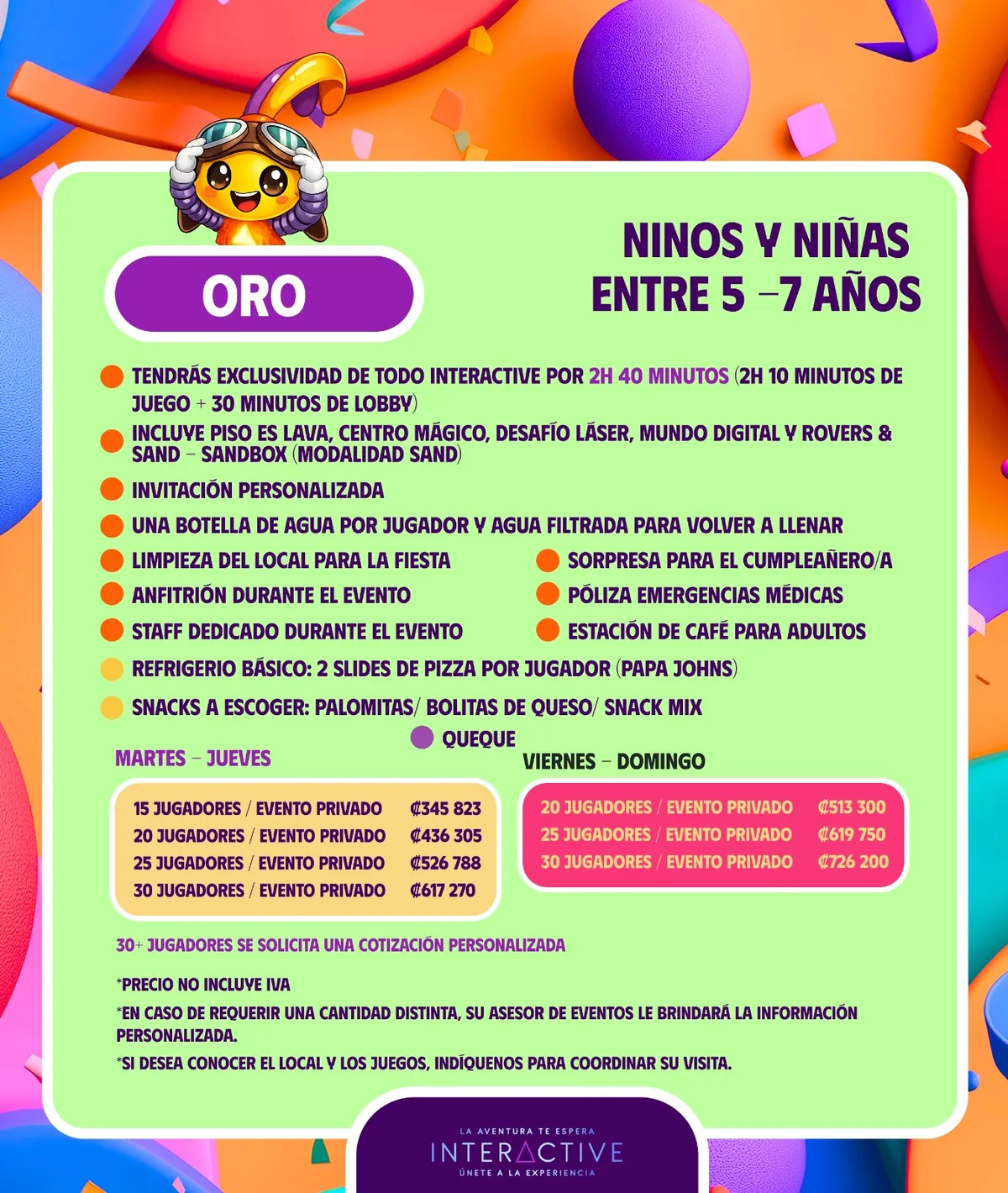 Afiche del paquete Oro para niños y niñas de 5 a 7 años