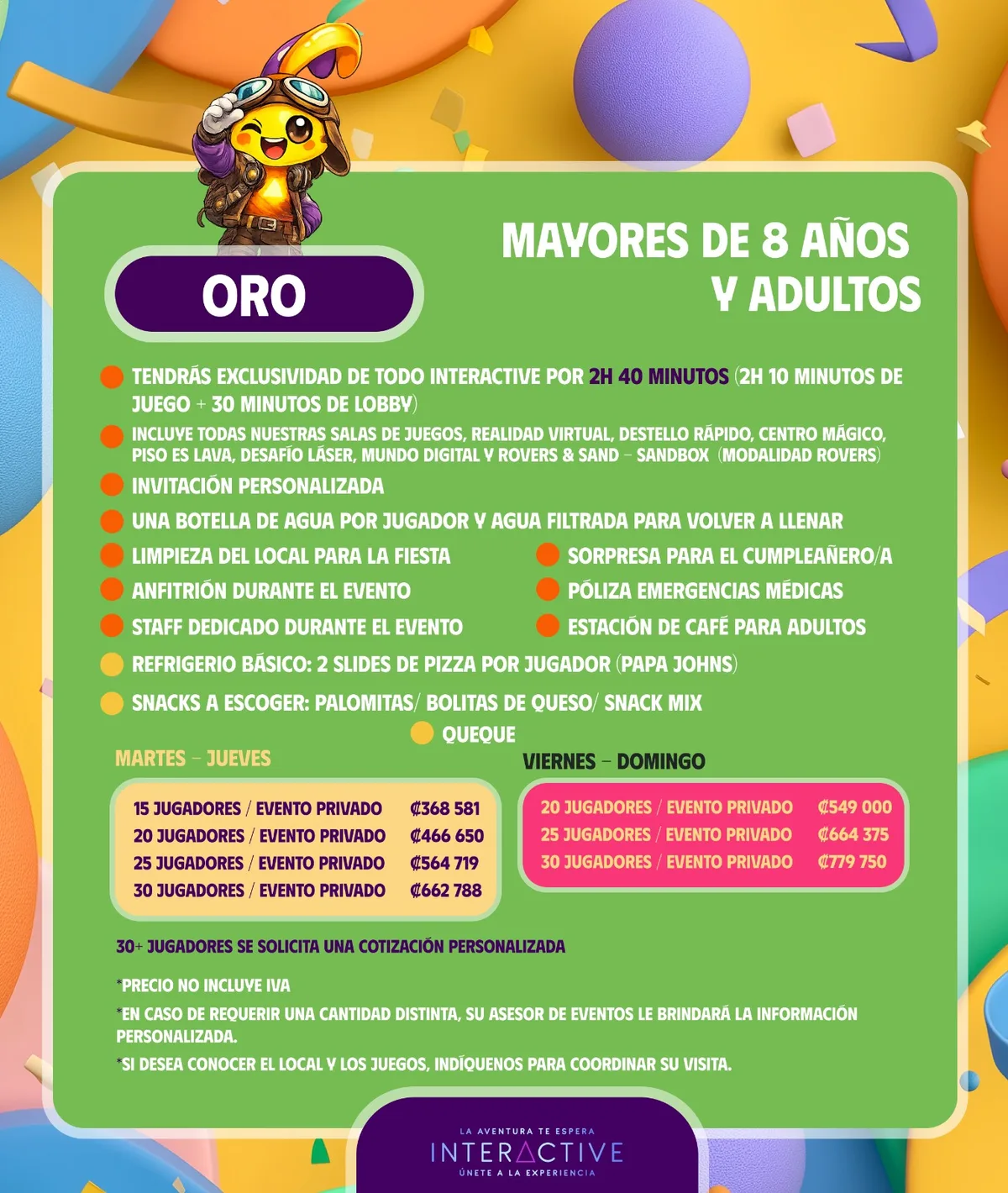 Afiche del paquete Oro para mayores de 8 años y adultos