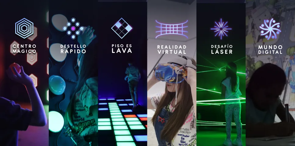 Las salas de Interactive: Centro Mágico, Destello Rápido, Piso es Lava, Realidad Virtual, Desafío Láser y Mundo Digital